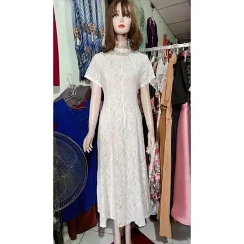 Đầm Dự Tiệc Ren Cổ Cao Tay Hến Dáng dài Sang Trọng Thanh Lịch Hàng có sẵn giao ngay Đúp lót 2 lớp Màu trắng lót kem