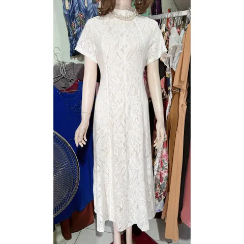 Đầm Dự Tiệc Ren Cổ Cao Tay Hến Dáng dài Sang Trọng Thanh Lịch Hàng có sẵn giao ngay Đúp lót 2 lớp Màu trắng lót kem
