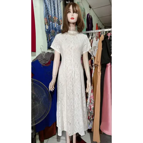 Đầm Dự Tiệc Ren Cổ Cao Tay Hến Dáng dài Sang Trọng Thanh Lịch Hàng có sẵn giao ngay Đúp lót 2 lớp Màu trắng lót kem