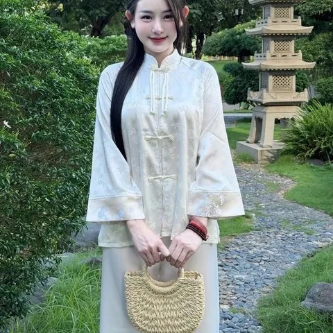 pháp phục nữ lụa gấm trúc tay phối thiết kế nơ sang trọng nữ tính phù hợp đi chơi đi lễ chùa Hàng cao cấp Áo màu trắng