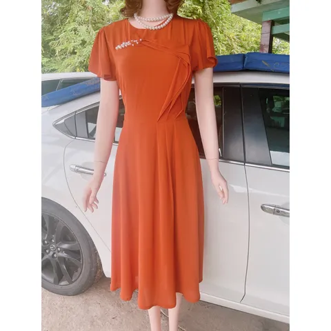 Đầm đính ngọc  Màu cam  Giá 320k Hàng có sẵn giao ngay chất liệu chifffon 2 lớp Hàng cao cấp