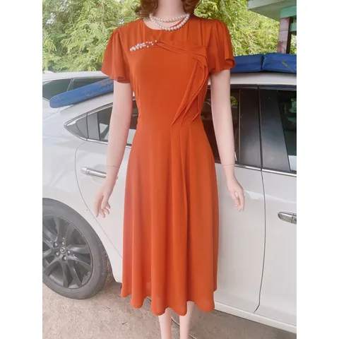 Đầm đính ngọc  Màu cam  Giá 320k Hàng có sẵn giao ngay chất liệu chifffon 2 lớp Hàng cao cấp