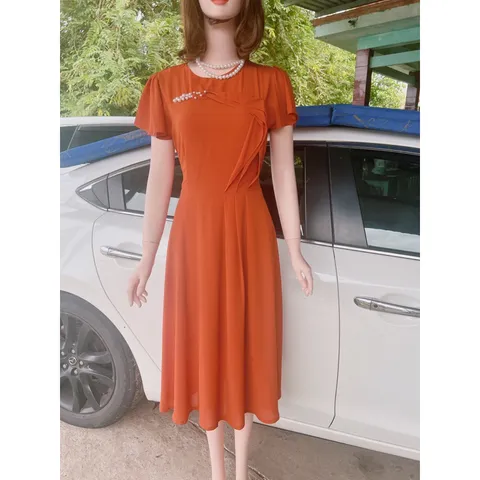 Đầm đính ngọc  Màu cam  Giá 320k Hàng có sẵn giao ngay chất liệu chifffon 2 lớp Hàng cao cấp