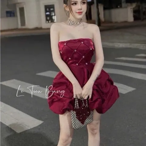 Đầm cúp đính đá tùng xoè sang chảnh đi tiệc có quần bảo hộ 2 lớp < 55kg ảnh thật , eo dứoi 68cm mặc đẹp Màu đỏ 🧧