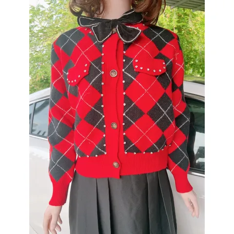Áo Khoác cardigan Dệt Kim Tay Phồng Ngắn Họa Tiết Kẻ Sọc Đính Đá Giả Kim Cương Phong Cách Hàn Quốc Cao Cấp