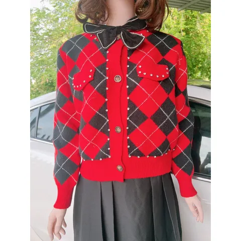 Áo Khoác cardigan Dệt Kim Tay Phồng Ngắn Họa Tiết Kẻ Sọc Đính Đá Giả Kim Cương Phong Cách Hàn Quốc Cao Cấp