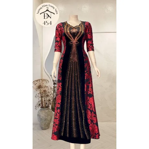 Đầm dạ hội trung niên chất nhũ kim sa phối nhung co giãn tốt, đính đá, cho mẹ dự tiệc sang trọng Giá 399k