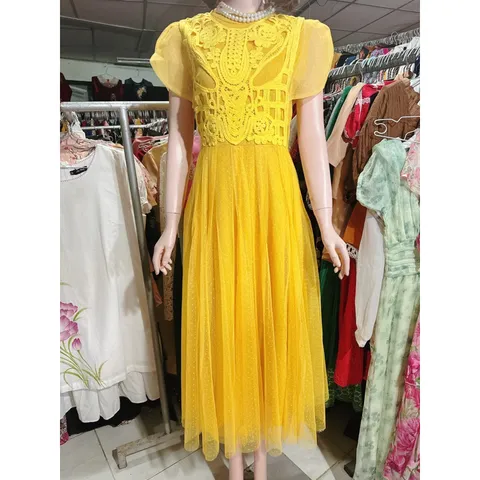 Đầm ren tay cánh tiên che bắp tay dáng dài Đúp lót 2 lớp Màu vàng + xanh mint + tím nhạt Hàng có sẵn giao ngay