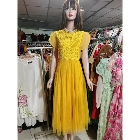 Đầm ren tay cánh tiên che bắp tay dáng dài Đúp lót 2 lớp Màu vàng + xanh mint + tím nhạt Hàng có sẵn giao ngay