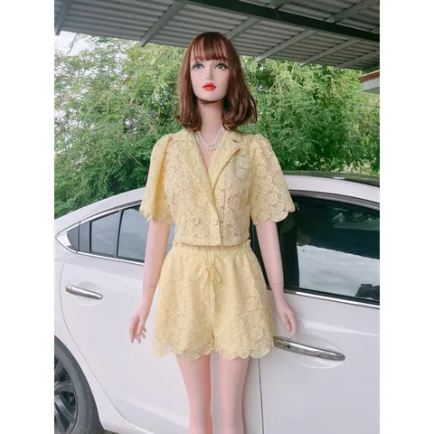 Set ren thiết kế cao cấp. Mềm mịn và mát. Freesize 58kg đổ lại. Hàng có sẵn giao ngay M Màu vàng nhạt Eo quần bo chun