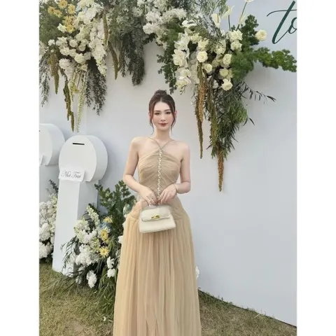 Đầm thiết kế cổ yếm phối voan đính đá dáng xoè dự tiệc sang trọng Hàng có sẵn giao ngay  Đúp lót 2 lớp đẹp, có sẵn mút