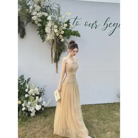 Đầm thiết kế cổ yếm phối voan đính đá dáng xoè dự tiệc sang trọng Hàng có sẵn giao ngay  Đúp lót 2 lớp đẹp, có sẵn mút