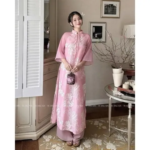 Set áo dài cách tân  tơ thêu hoa cột nơ phối tay voan và quần lụa  Giá 390k/ cả set Hàng có sẵn giao ngay Size SM