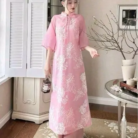 Set áo dài cách tân  tơ thêu hoa cột nơ phối tay voan và quần lụa  Giá 390k/ cả set Hàng có sẵn giao ngay Size SM