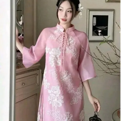 Set áo dài cách tân  tơ thêu hoa cột nơ phối tay voan và quần lụa  Giá 390k/ cả set Hàng có sẵn giao ngay Size SM