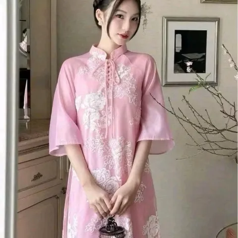 Set áo dài cách tân  tơ thêu hoa cột nơ phối tay voan và quần lụa  Giá 390k/ cả set Hàng có sẵn giao ngay Size SM