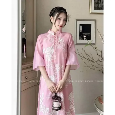 Set áo dài cách tân  tơ thêu hoa cột nơ phối tay voan và quần lụa  Giá 390k/ cả set Hàng có sẵn giao ngay Size SM