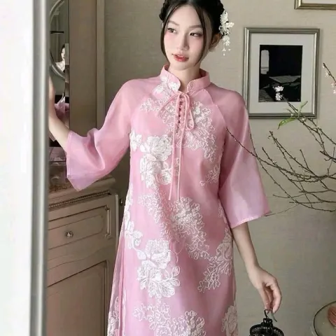 Set áo dài cách tân  tơ thêu hoa cột nơ phối tay voan và quần lụa  Giá 390k/ cả set Hàng có sẵn giao ngay Size SM