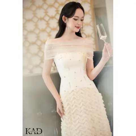 Đầm taffa dự tiệc đính đá phối chân váy sóng cao cấp,Váy trễ vai đi bàn cô dâu kèm choàng lưới mặc được 2 kiểu siêu