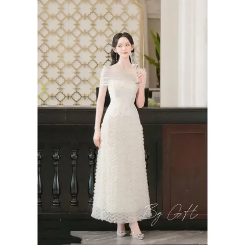 Đầm taffa dự tiệc đính đá phối chân váy sóng cao cấp,Váy trễ vai đi bàn cô dâu kèm choàng lưới mặc được 2 kiểu siêu