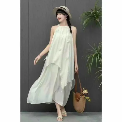 Đầm maxi đi biển ,cổ yếm thắt bím dáng dài suông Đầm du lịch chất đũi lụa hàn tiểu thư Bầu bì bon chen thoải mái