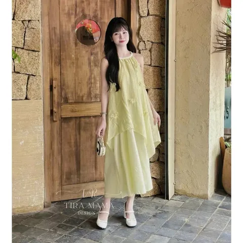 Đầm maxi đi biển ,cổ yếm thắt bím dáng dài suông Đầm du lịch chất đũi lụa hàn tiểu thư Bầu bì bon chen thoải mái