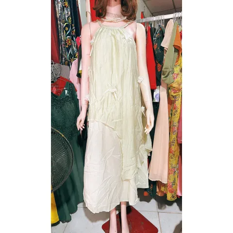 Đầm maxi đi biển ,cổ yếm thắt bím dáng dài suông Đầm du lịch chất đũi lụa hàn tiểu thư Bầu bì bon chen thoải mái