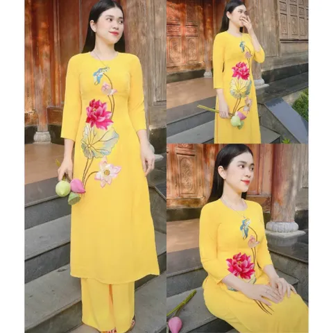 Áo Dài Truyền Thống # Bộ Áo Dài Lụa Tằm Ướt Thêu Sen đẹp Giá 390k/ cả set gồm áo dài và quần Hàng có sẵn giao ngay
