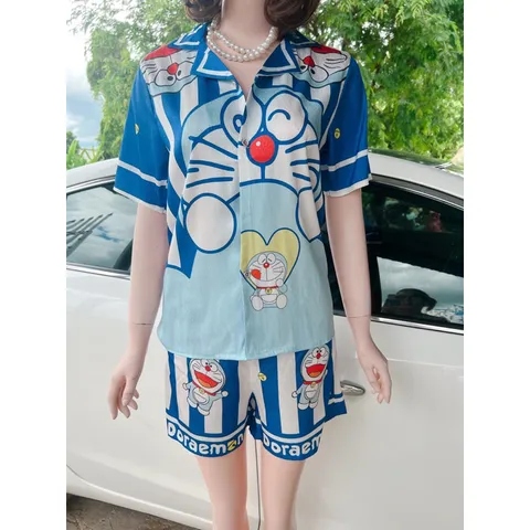 [Vải Lụa Xước Cao Cấp] <70kg, Đồ ngủ  Pyjama Quần Ngắn Hàng Thiết Kế Họa Tiết Doraemon Giá 250k/ cả set Hàng có sẵn giao