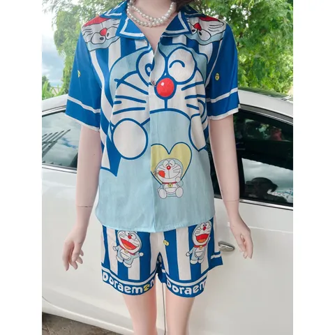 [Vải Lụa Xước Cao Cấp] <70kg, Đồ ngủ  Pyjama Quần Ngắn Hàng Thiết Kế Họa Tiết Doraemon Giá 250k/ cả set Hàng có sẵn giao