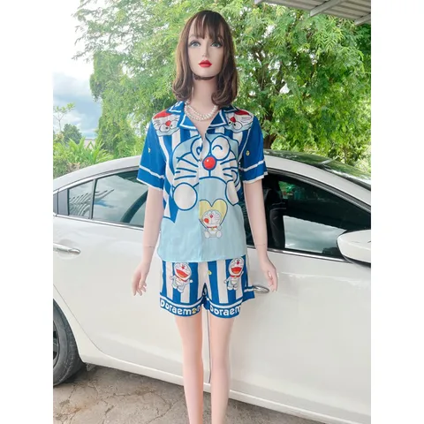 [Vải Lụa Xước Cao Cấp] <70kg, Đồ ngủ  Pyjama Quần Ngắn Hàng Thiết Kế Họa Tiết Doraemon Giá 250k/ cả set Hàng có sẵn giao