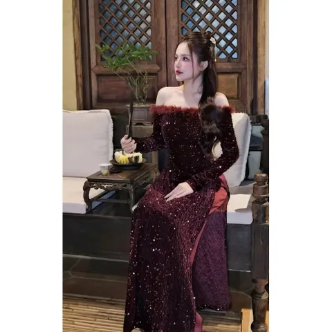 Set Bộ Áo Dài Trễ Vai Bling Đỏ Đô Phối Quần Suông , Set Bộ Áo Dài Trễ Vai Tay Dài Mix Lông Chiết Eo Set Áo Dài Nhung