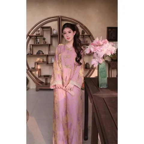 Pháp phục đi chùa tiểu thư phối ren gấm tằm ánh kim Bộ đồ đi chùa cách tân lụa gấm