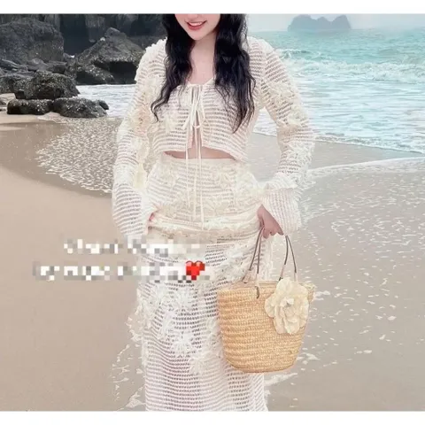 Sét đồ nữ chất ren lưới hoa áo dài tay cột dây phối chân váy dáng dài, sét đồ thiết kế sang chảnh mặc đi biển