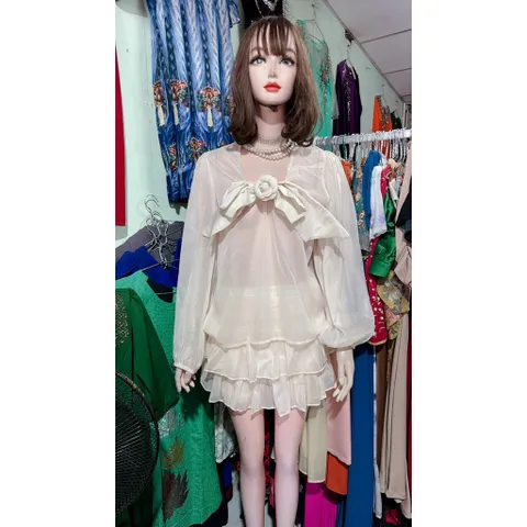 SET ÁO VOAN NUDE NƠ NGỰC TAG HOA TAY dài + CHÂN VÁY TẦNG XẾP LY  Hàng chính chủ siêu đẹp Giá 350k/ cả set Size SM mặc