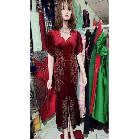 Đầm dạ hội nhung ép đá sang trọng Hàng có sẵn giao ngay Màu đỏ đô Giá 490k Chất liệu nhung co giãn dễ mặc Hàng có sẵn