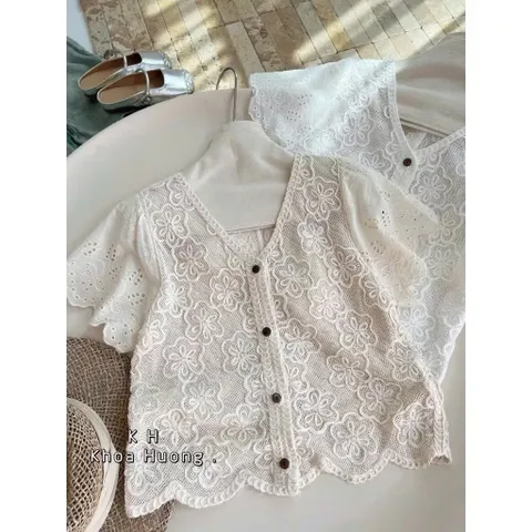 Áo ren, áo len lưới tay ngắn xô mềm cổ V hình hoa hàng QC mẫu mới mùa hè phong cách Hàn Quốc đi biển