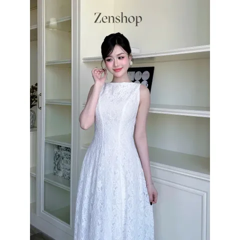 Đầm  ren dự tiệc cao cấp, dáng maxi siêu sang-Đầm dự tiệc dáng dài cổ tròn họa tiết ren  Màu trắng và màu kem