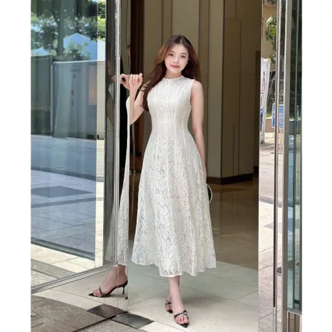 Đầm  ren dự tiệc cao cấp, dáng maxi siêu sang-Đầm dự tiệc dáng dài cổ tròn họa tiết ren  Màu trắng và màu kem