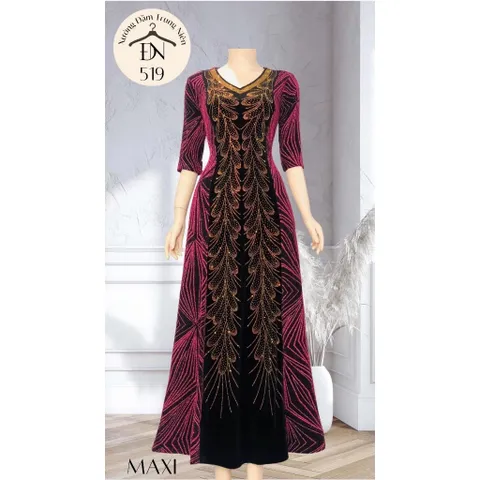 Đầm dạ hội trung niên chất nhũ kim sa phối nhung co giãn tốt, đính đá, cho mẹ dự tiệc sang trọng bigsize Giá 420k
