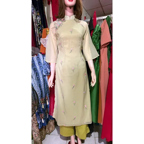 Áo Dài Cách Tân 4 tà Lụa Thêu Hoa Đính Nơ Cao Cấp Đẹp Sang Chảnh Áo Dài Nữ Mặc Tết Lễ Cưới Hàng coa sẵn giao ngay S