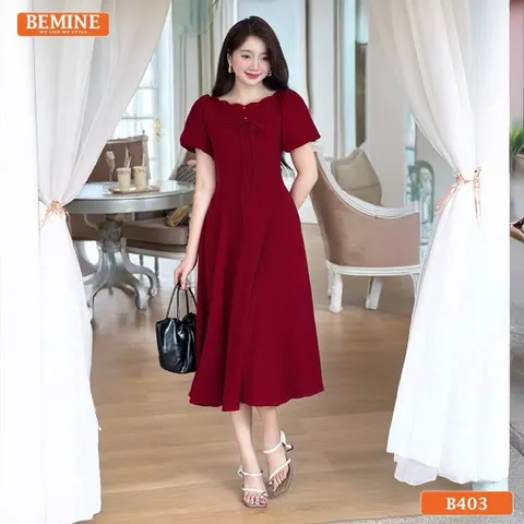 Đầm thiết kế cổ thuyền kiểu gợn sóng đính nơ dáng chữ A phù hợp đi làm, đi chơi Haàng có sẵn giao ngay L Size SML