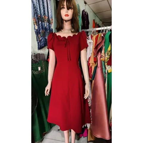Đầm thiết kế cổ thuyền kiểu gợn sóng đính nơ dáng chữ A phù hợp đi làm, đi chơi Haàng có sẵn giao ngay L Size SML