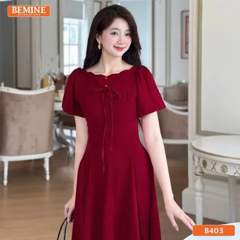 Đầm thiết kế cổ thuyền kiểu gợn sóng đính nơ dáng chữ A phù hợp đi làm, đi chơi Haàng có sẵn giao ngay L Size SML