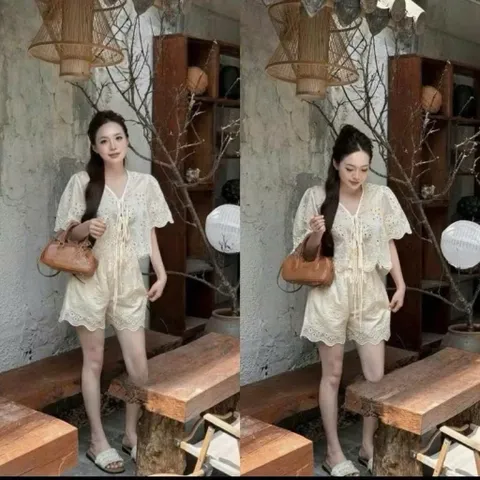 sẵn hàng) SET REN THÊU + QUẦN HOẠ TIẾT REN THÊU mặc đi biển, du lịch siêu đẹp  Màu hồng phấn + kem + xanh da trời + đen