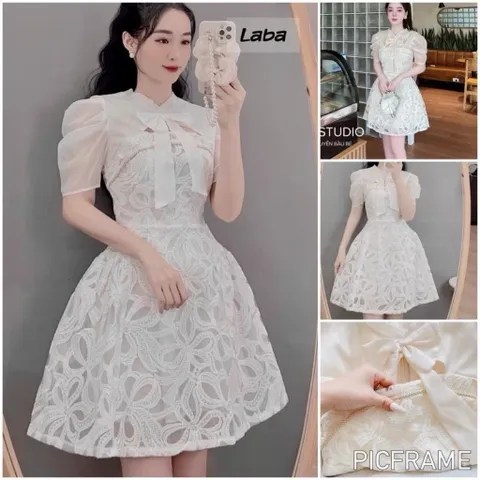 Đầm Ren Dây Kim Sa Phối Tơ Nơ Cổ Siêu Xinh Có Video Ảnh Thật Hàng có sẵn giao ngay S Màu trắng kem Giá 290k
