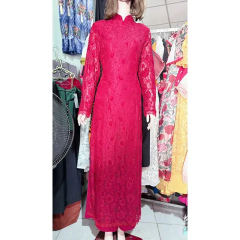 Set áo dài ren siêu đẹp + quần + áo choàng ( gồm 3 chi tiết) Hàng có sẵn giao ngay Đủ size SMLXL Màu đỏ đô
