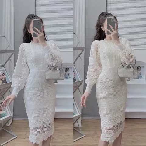 Đầm Thiết Kế  Chất Liệu Vải Ren Cao Cấp - Váy Ren Kem Thiết Kế Thanh Lịch Trẻ Trung Giá 420k Hàng có sẵn giao ngay L