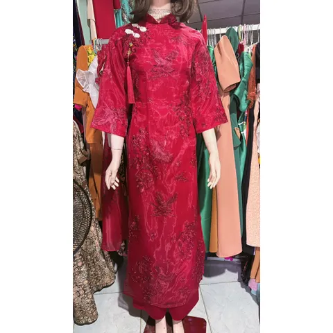 Áo dài Hạc Vũ kèm tag tua rua họa tiết sang trọng đi lễ chùa lễ Tết + kèm quần ( đỏ hoặc trắng) Giá 390k/ cả set