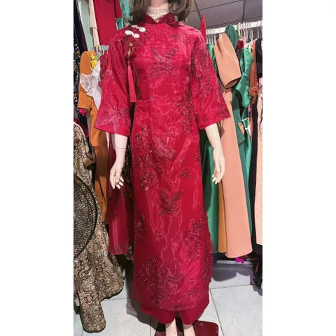Áo dài Hạc Vũ kèm tag tua rua họa tiết sang trọng đi lễ chùa lễ Tết + kèm quần ( đỏ hoặc trắng) Giá 390k/ cả set